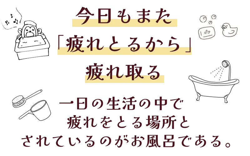 　今日もまた「疲れとるから」疲れ取る。一日の生活の中で、疲れをとる場所とされているのがお風呂である。